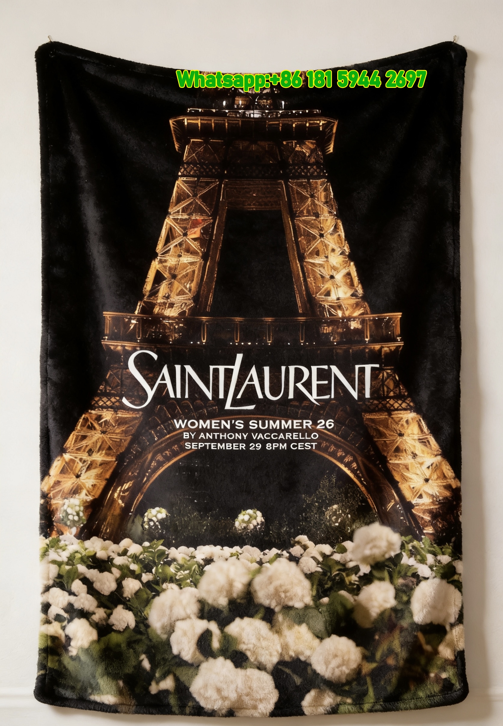 Yves Saint Laurent YSL Eiffel Tower Night View White Hydrangea Print Flannel Sofa Throw Blanket Luxury Paris Fashion Show Decor Blanket IMG_3250